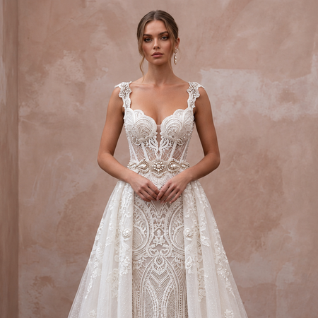 Fashion-Forward Lace Bridal Gown with Overskirt