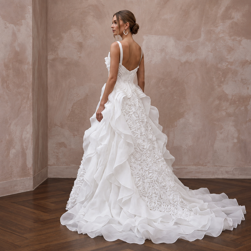 Fashion-Forward Organza Wedding Dress with Detachable Train