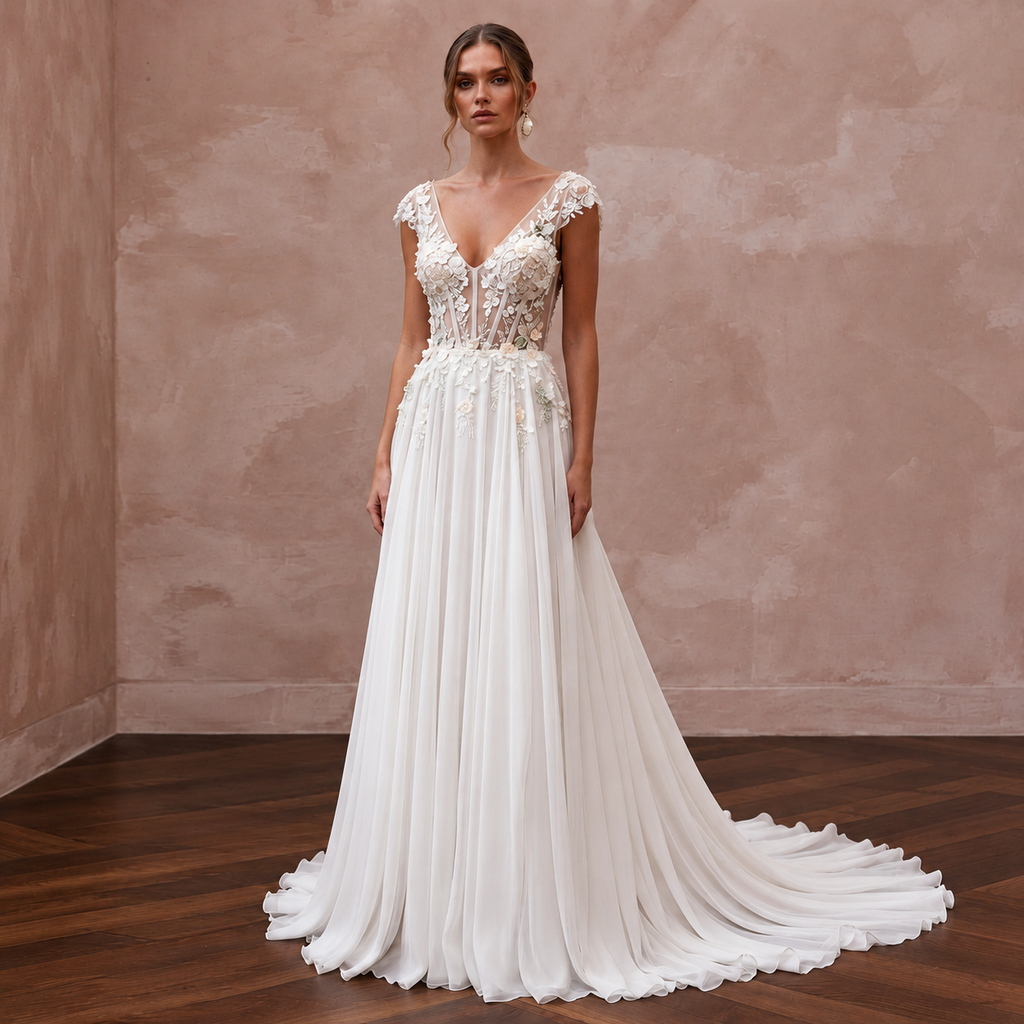 Feminine Chiffon Wedding Gown with Flowing Skirt