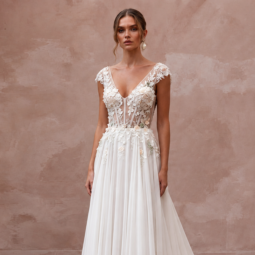 Feminine Chiffon Wedding Gown with Flowing Skirt