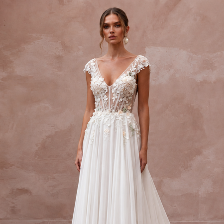 Feminine Chiffon Wedding Gown with Flowing Skirt