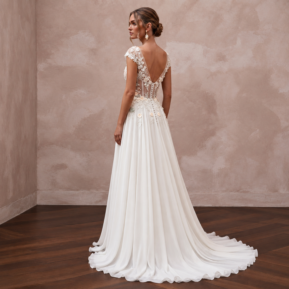 Feminine Chiffon Wedding Gown with Flowing Skirt