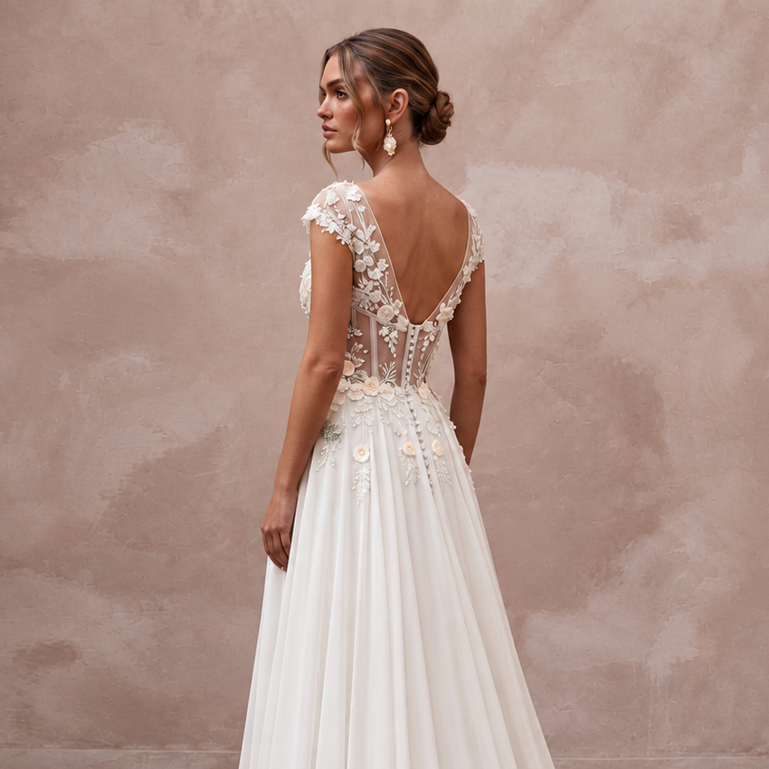 Feminine Chiffon Wedding Gown with Flowing Skirt