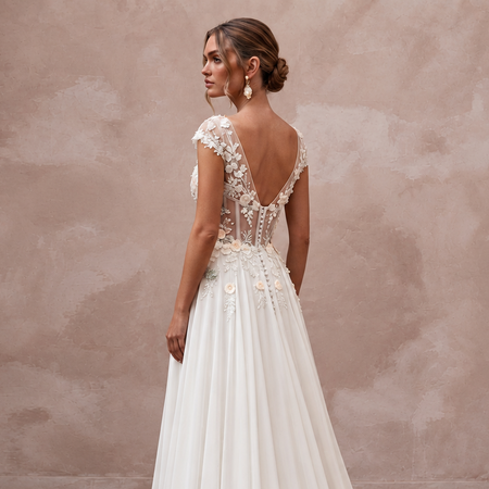 Feminine Chiffon Wedding Gown with Flowing Skirt