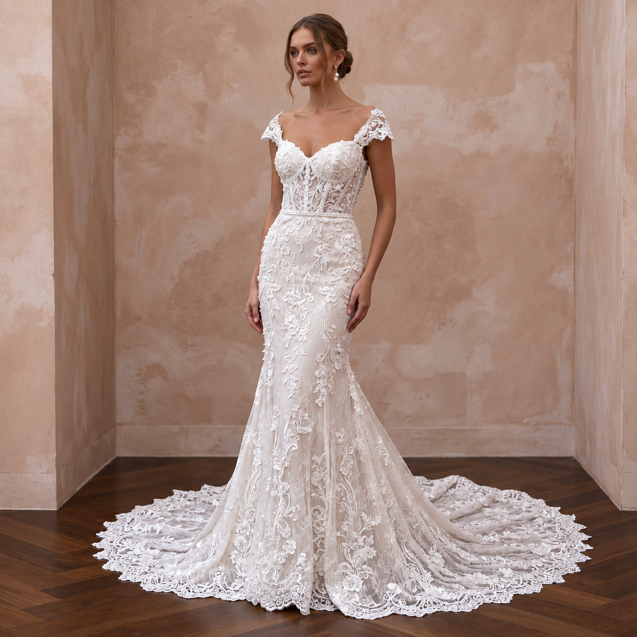 Feminine Lace Wedding Gown with Chapel Train
