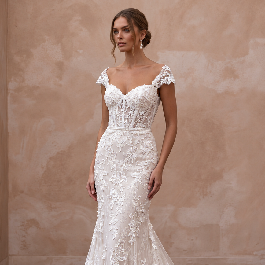 Feminine Lace Wedding Gown with Chapel Train