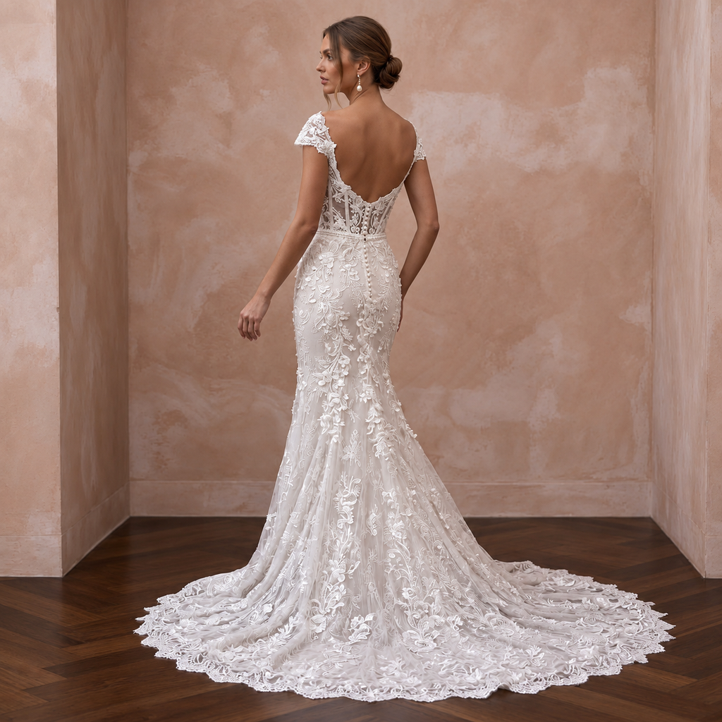 Feminine Lace Wedding Gown with Chapel Train