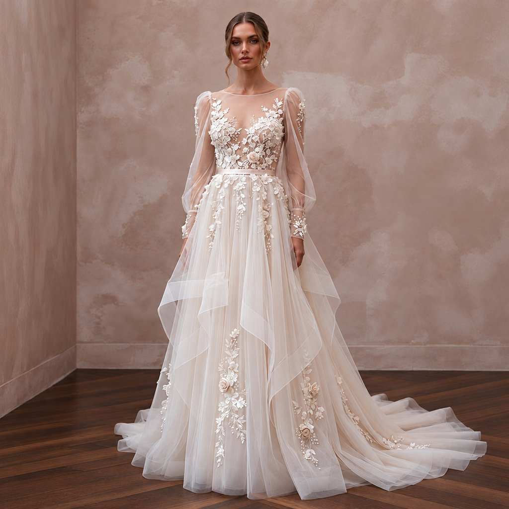 Feminine Tulle Bridal Gown with Floral Appliques