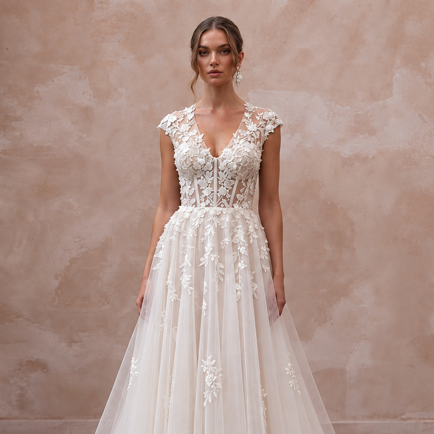 Feminine Tulle Wedding Dress with Embroidered Bodice