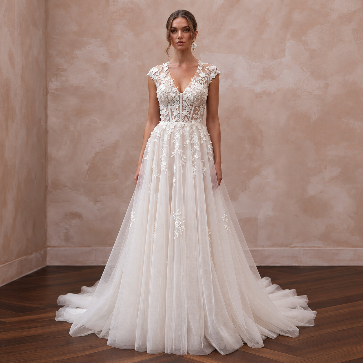 Feminine Tulle Wedding Dress with Embroidered Bodice