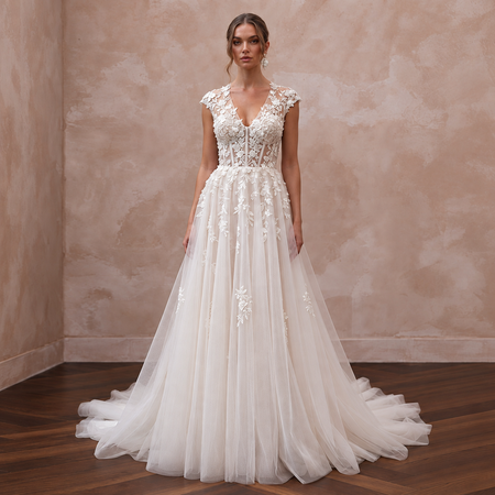 Feminine Tulle Wedding Dress with Embroidered Bodice