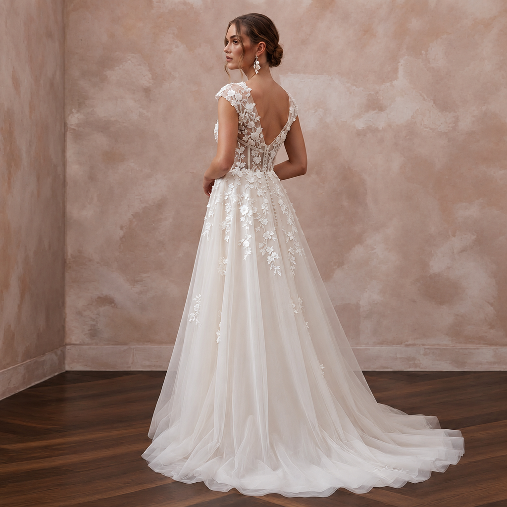 Feminine Tulle Wedding Dress with Embroidered Bodice