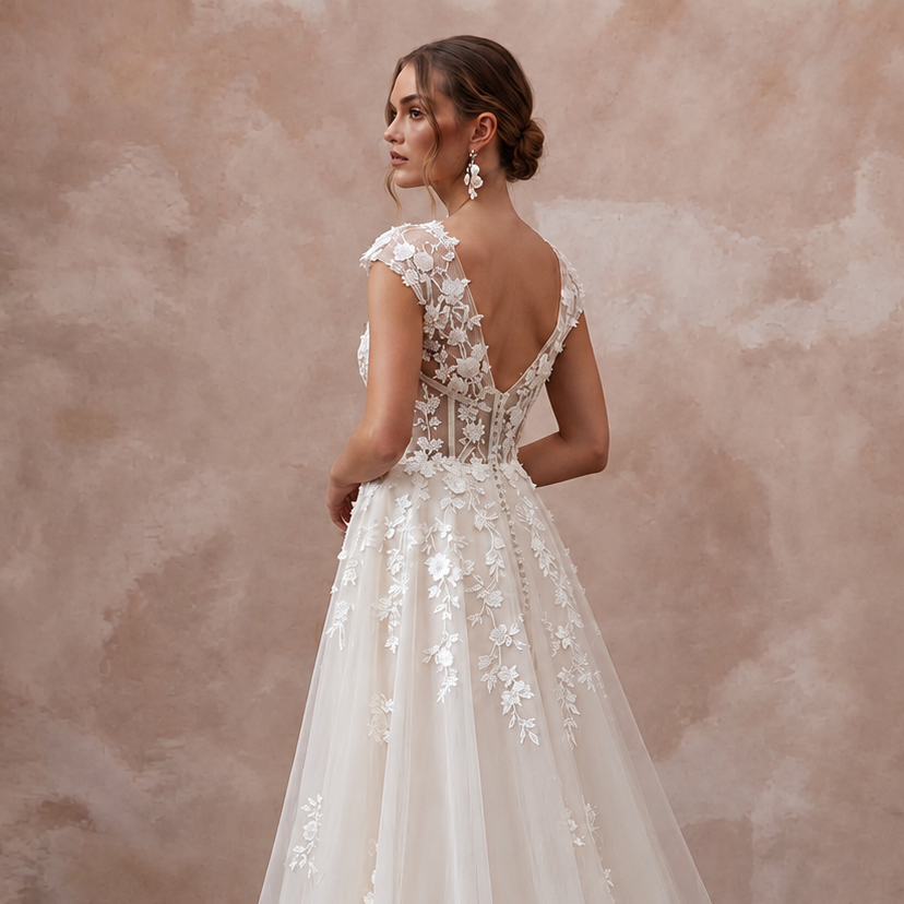 Feminine Tulle Wedding Dress with Embroidered Bodice