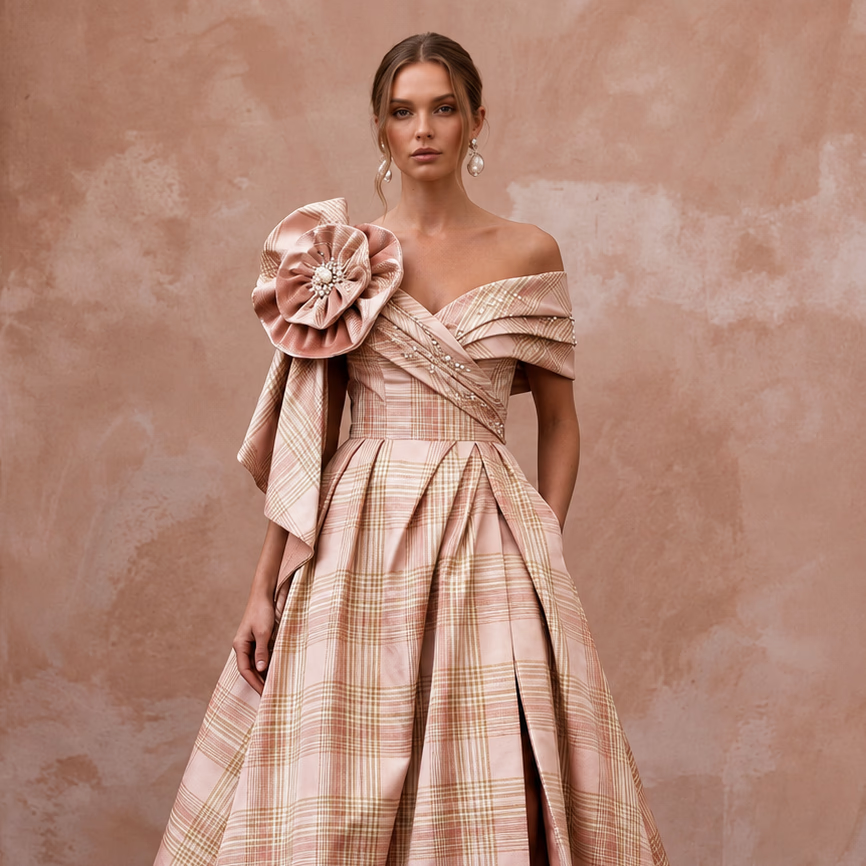Festive Blush Silk Taffeta Plaid Bridal Dress for Holiday Reception
