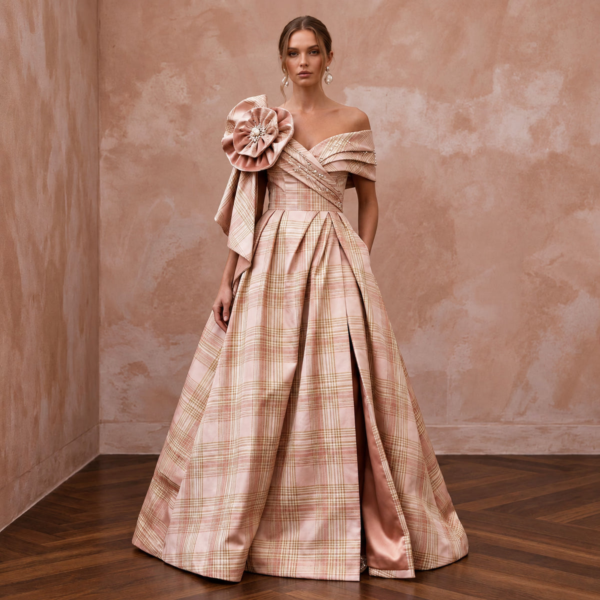 Festive Blush Silk Taffeta Plaid Bridal Dress for Holiday Reception - Apparel & Accessories > Clothing > Wedding & Bridal Party Dresses > Wedding Dresses - Mignonette Bridal Main image