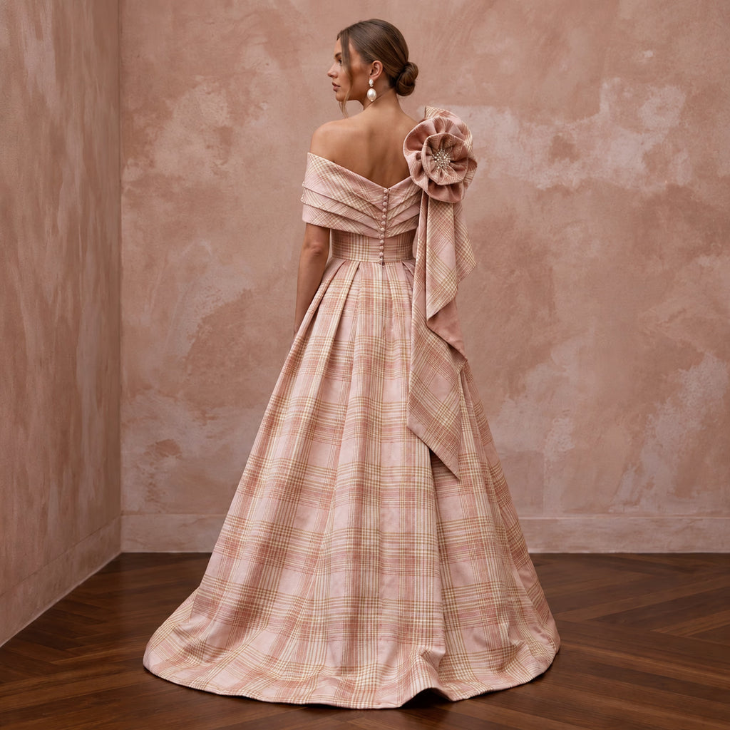 Festive Blush Silk Taffeta Plaid Bridal Dress for Holiday Reception