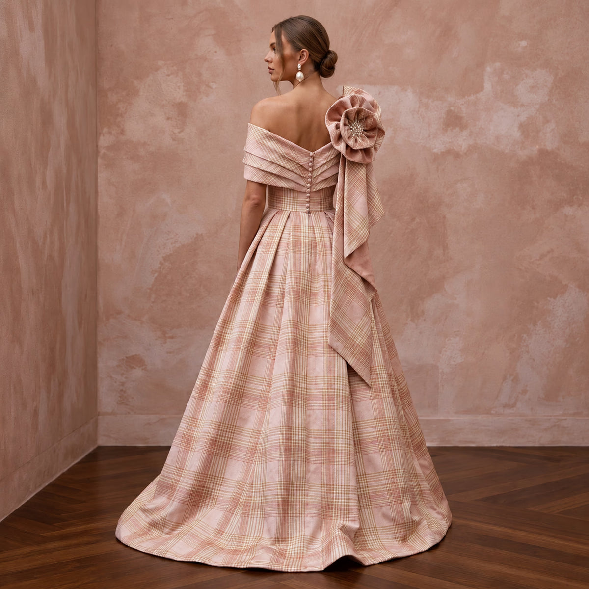 Festive Blush Silk Taffeta Plaid Bridal Dress for Holiday Reception