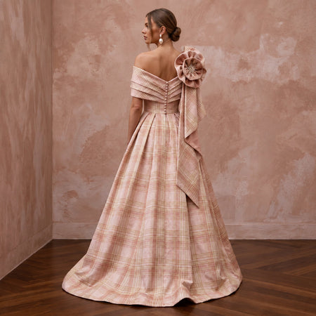 Festive Blush Silk Taffeta Plaid Bridal Dress for Holiday Reception