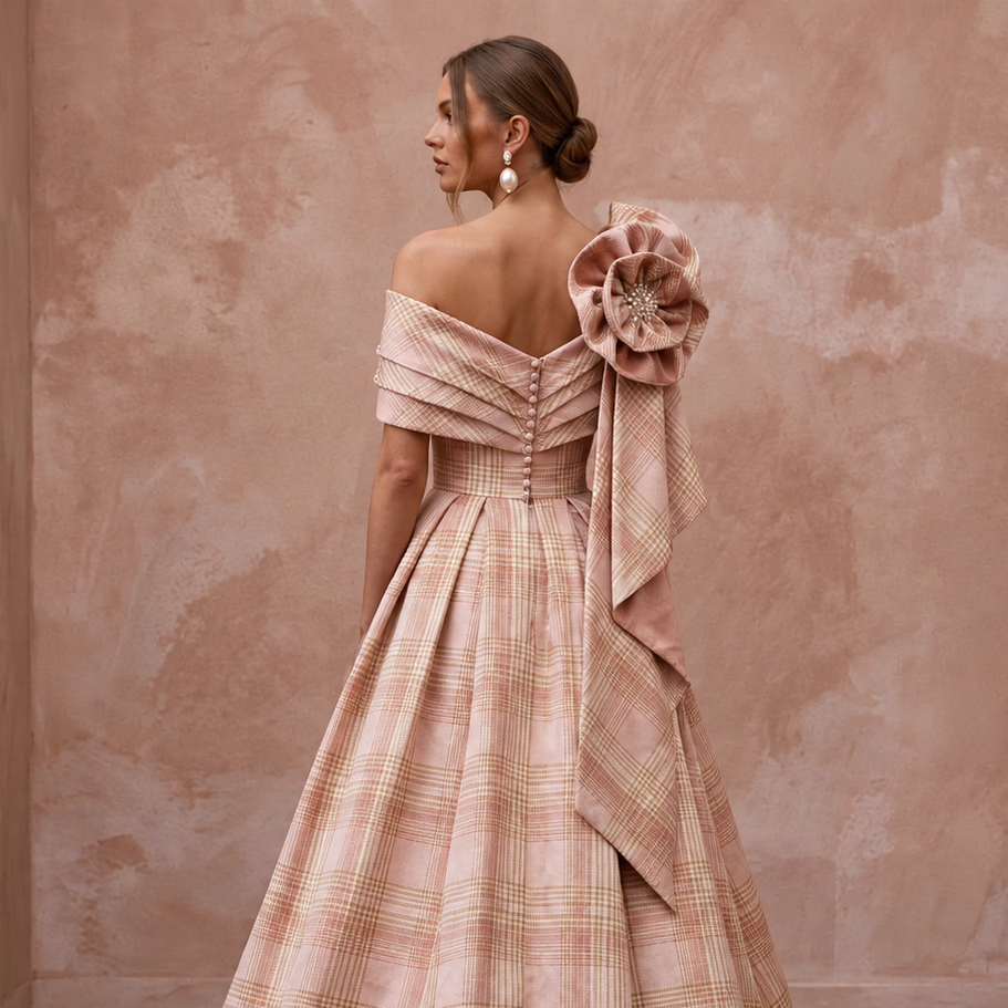 Festive Blush Silk Taffeta Plaid Bridal Dress for Holiday Reception