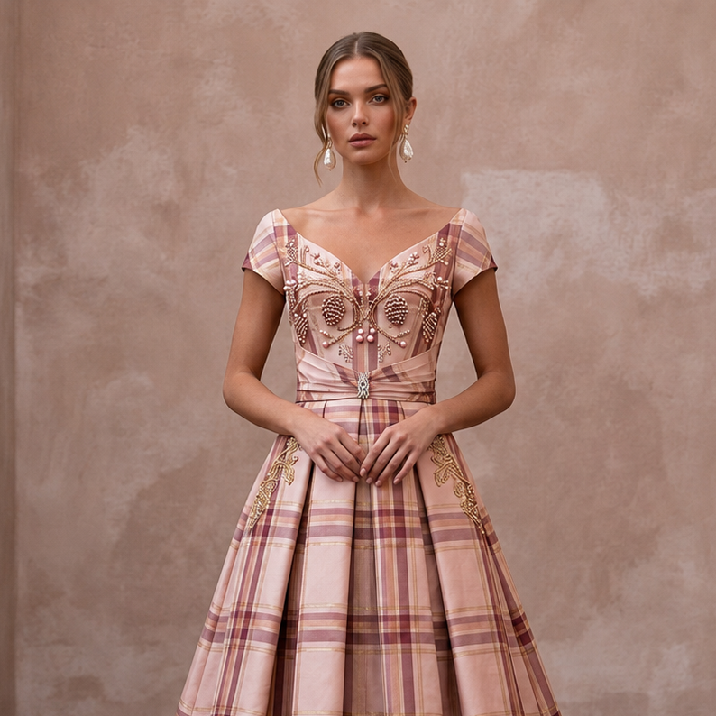 Festive Blush Silk Taffeta Plaid Dress for Holiday Reception