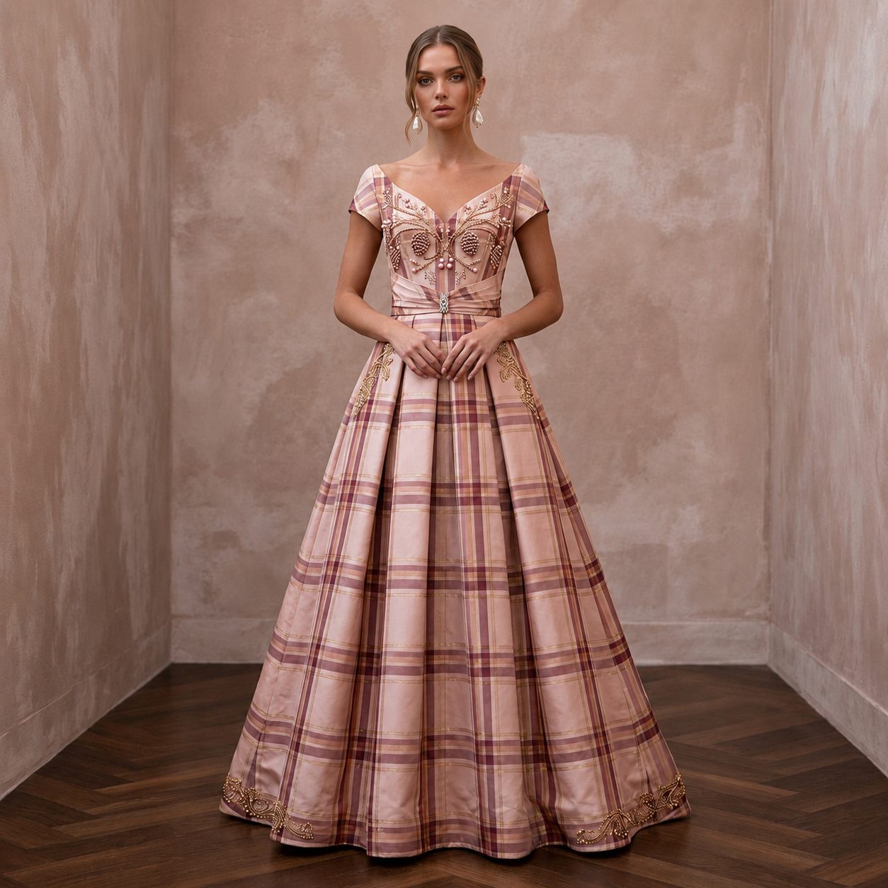 Festive Blush Silk Taffeta Plaid Dress for Holiday Reception