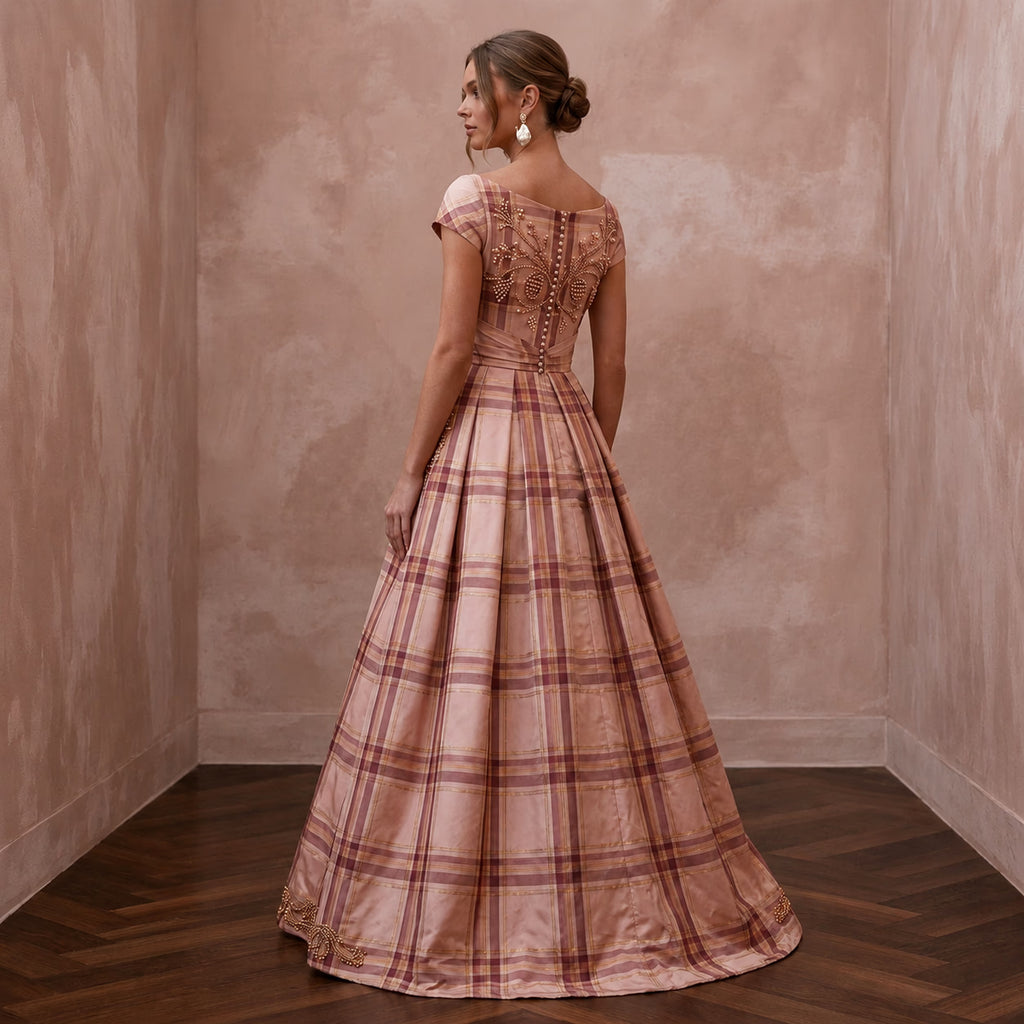 Festive Blush Silk Taffeta Plaid Dress for Holiday Reception - Apparel & Accessories > Clothing > Wedding & Bridal Party Dresses > Wedding Dresses - Mignonette Bridal