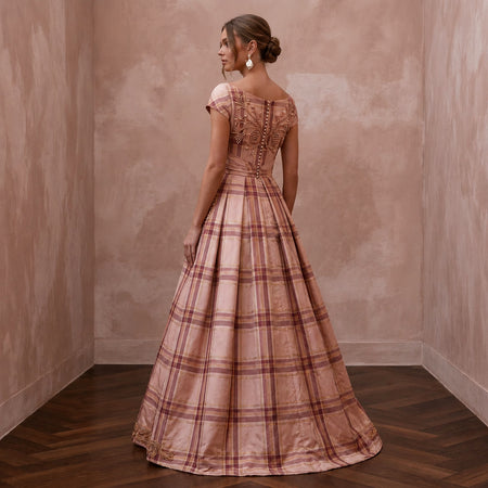 Festive Blush Silk Taffeta Plaid Dress for Holiday Reception - Apparel & Accessories > Clothing > Wedding & Bridal Party Dresses > Wedding Dresses - Mignonette Bridal