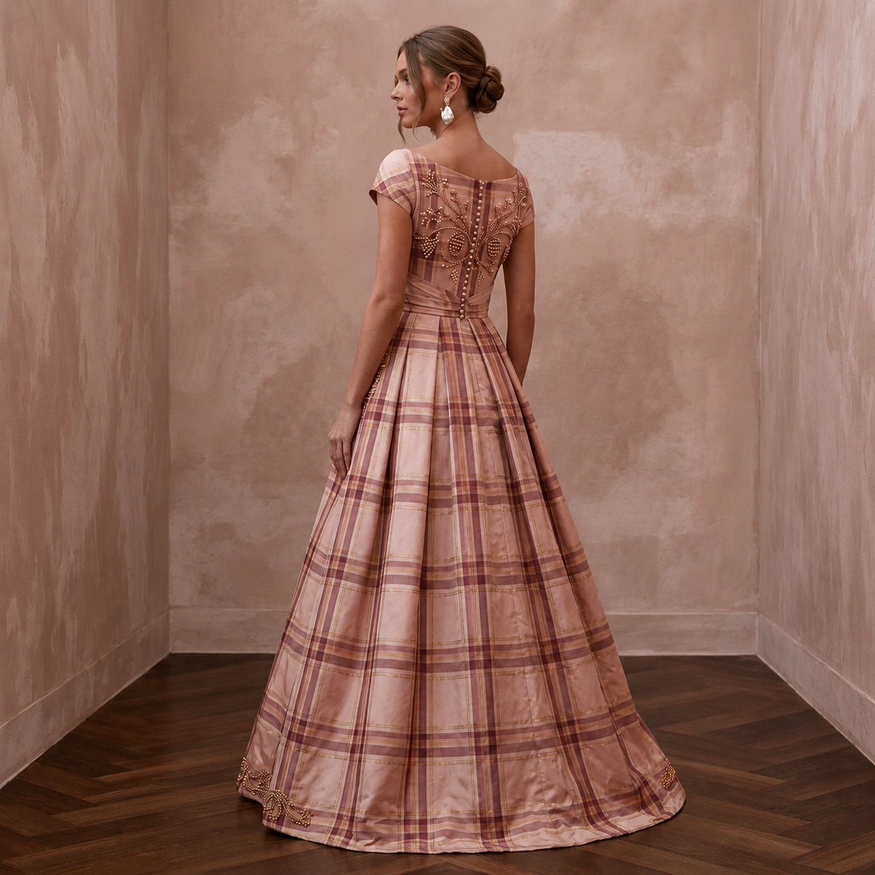 Festive Blush Silk Taffeta Plaid Dress for Holiday Reception