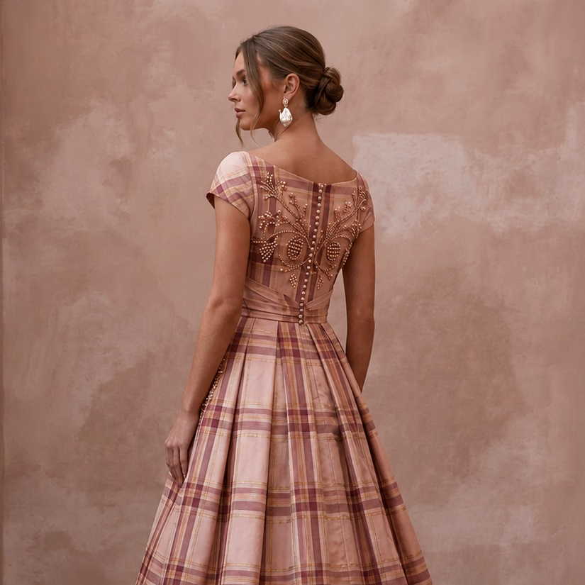 Festive Blush Silk Taffeta Plaid Dress for Holiday Reception - Apparel & Accessories > Clothing > Wedding & Bridal Party Dresses > Wedding Dresses - Mignonette Bridal