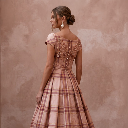 Festive Blush Silk Taffeta Plaid Dress for Holiday Reception - Apparel & Accessories > Clothing > Wedding & Bridal Party Dresses > Wedding Dresses - Mignonette Bridal