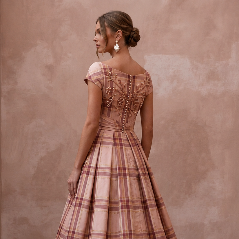 Festive Blush Silk Taffeta Plaid Dress for Holiday Reception
