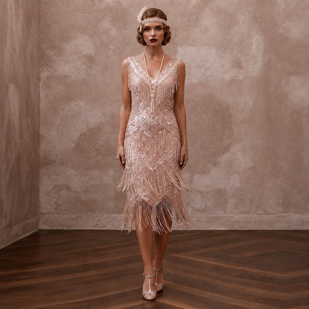 Flapper - Style Blush Sequin & Fringe Dress for Speakeasy Elopement - Apparel & Accessories > Clothing > Wedding & Bridal Party Dresses > Wedding Dresses - Mignonette Bridal