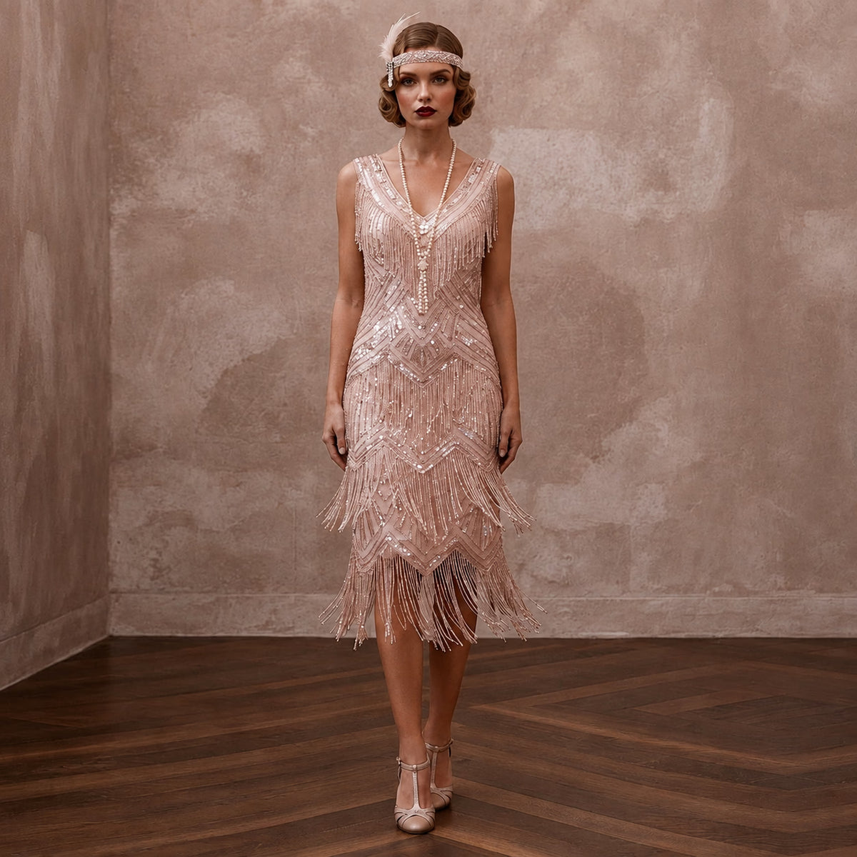 Flapper - Style Blush Sequin & Fringe Dress for Speakeasy Elopement - Apparel & Accessories > Clothing > Wedding & Bridal Party Dresses > Wedding Dresses - Mignonette Bridal