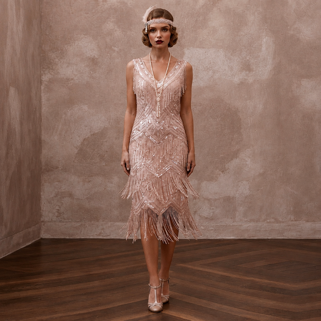Flapper-Style Blush Sequin & Fringe Dress for Speakeasy Elopement