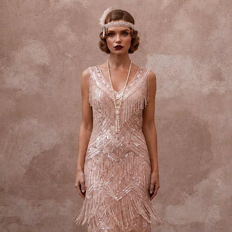 Flapper-Style Blush Sequin & Fringe Dress for Speakeasy Elopement