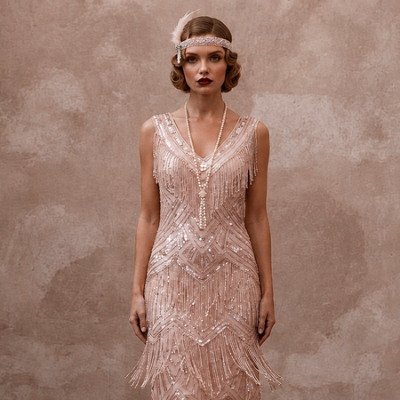 Flapper-Style Blush Sequin & Fringe Dress for Speakeasy Elopement
