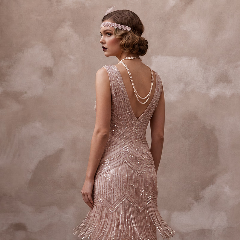 Flapper - Style Blush Sequin & Fringe Dress for Speakeasy Elopement - Apparel & Accessories > Clothing > Wedding & Bridal Party Dresses > Wedding Dresses - Mignonette Bridal