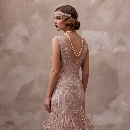 Flapper - Style Blush Sequin & Fringe Dress for Speakeasy Elopement - Apparel & Accessories > Clothing > Wedding & Bridal Party Dresses > Wedding Dresses - Mignonette Bridal