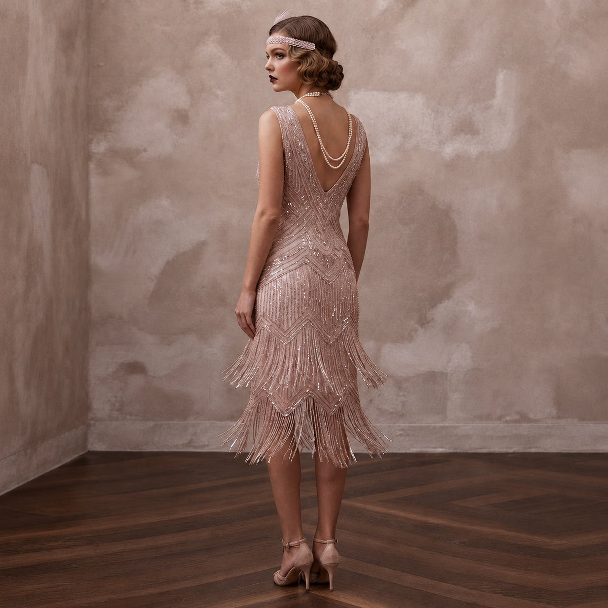 Flapper - Style Blush Sequin & Fringe Dress for Speakeasy Elopement - Apparel & Accessories > Clothing > Wedding & Bridal Party Dresses > Wedding Dresses - Mignonette Bridal