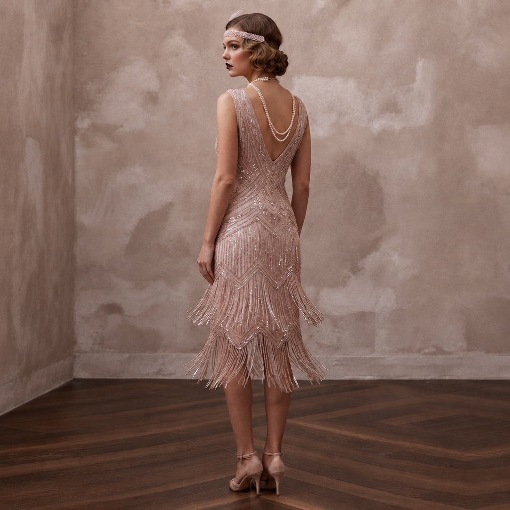 Flapper-Style Blush Sequin & Fringe Dress for Speakeasy Elopement