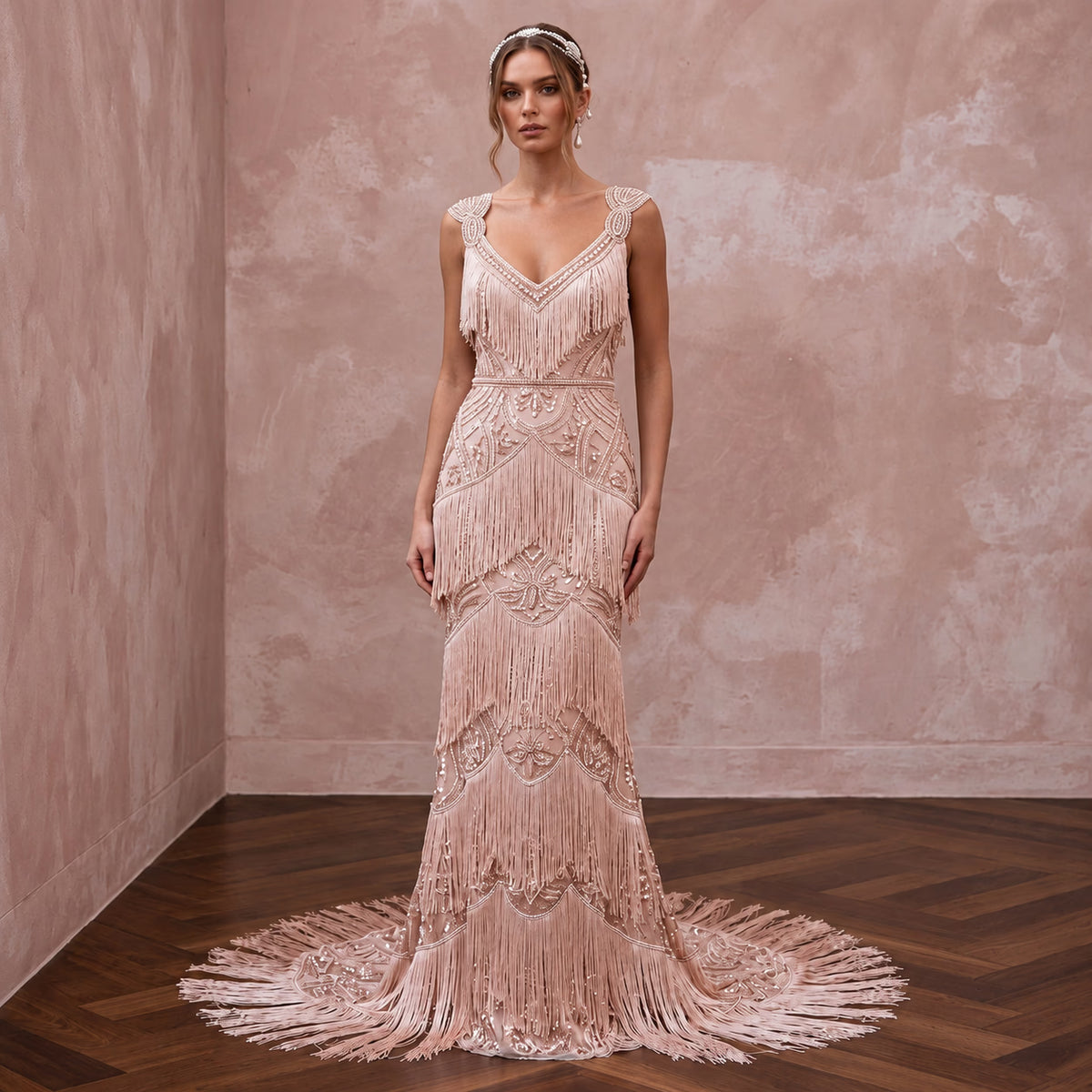 Flapper-Style Blush Sequin & Fringe Wedding Dress for Speakeasy Elopement