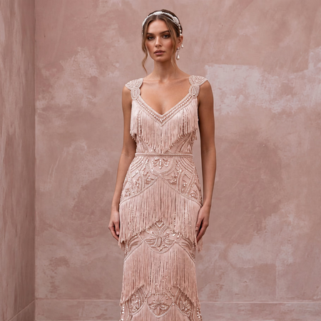 Flapper-Style Blush Sequin & Fringe Wedding Dress for Speakeasy Elopement