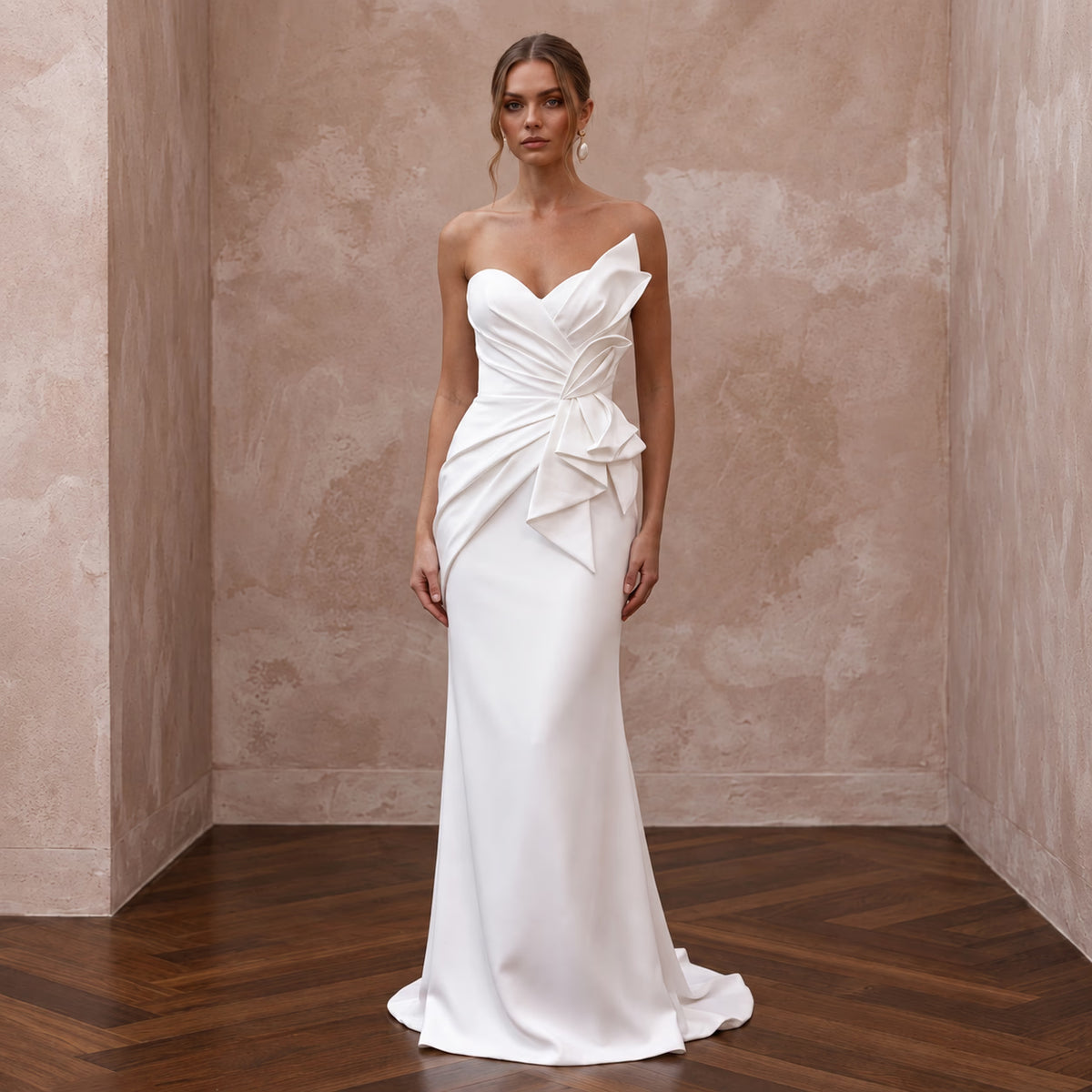Flawless White Double-Faced Satin Column Bridal Gown for Anniversary Dinner