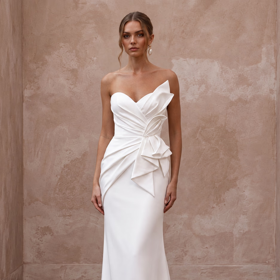 Flawless White Double-Faced Satin Column Bridal Gown for Anniversary Dinner