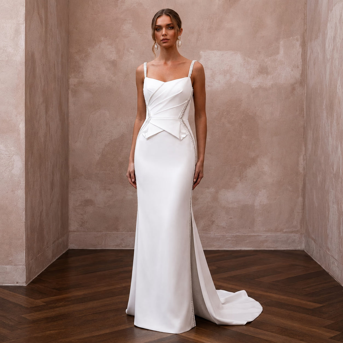 Flawless White Double - Faced Satin Column for Anniversary Dinner - Apparel & Accessories > Clothing > Wedding & Bridal Party Dresses > Wedding Dresses - Mignonette Bridal Main image