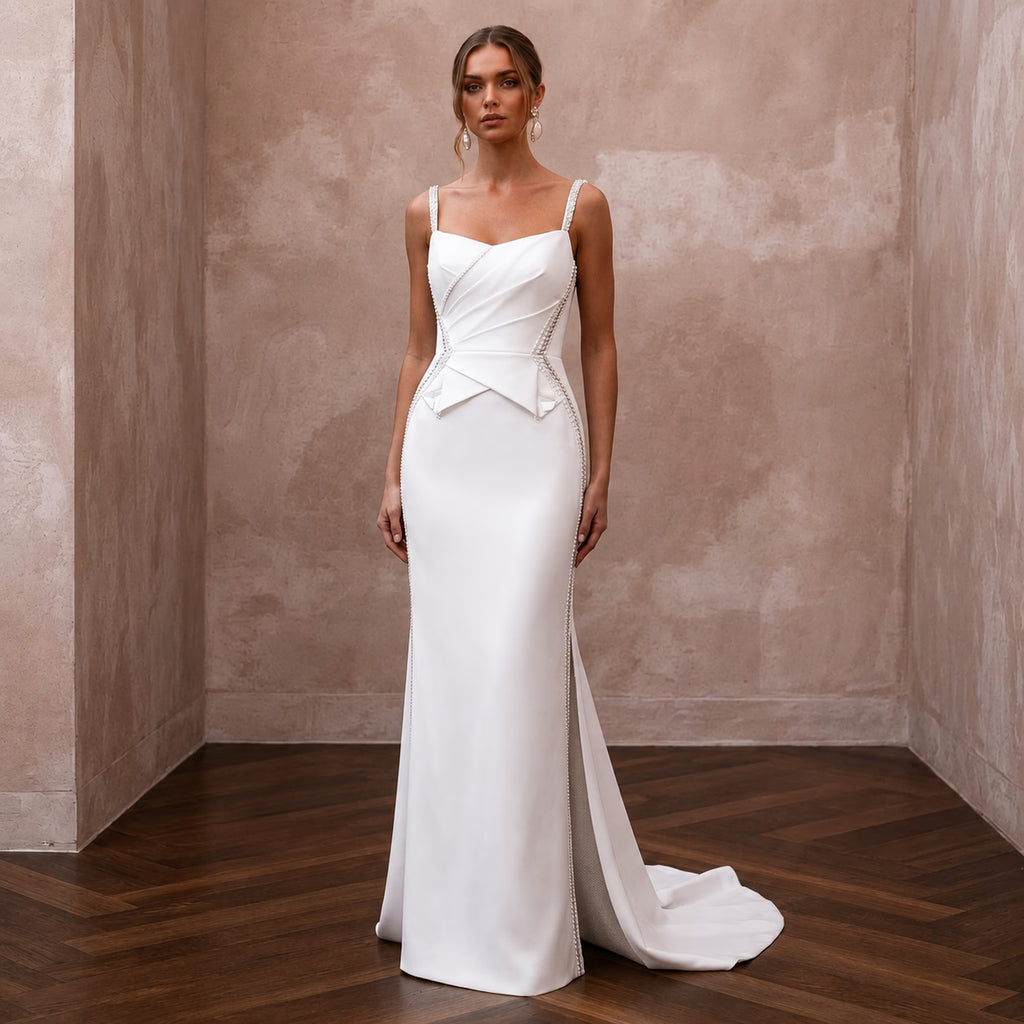 Flawless White Double - Faced Satin Column for Anniversary Dinner - Apparel & Accessories > Clothing > Wedding & Bridal Party Dresses > Wedding Dresses - Mignonette Bridal