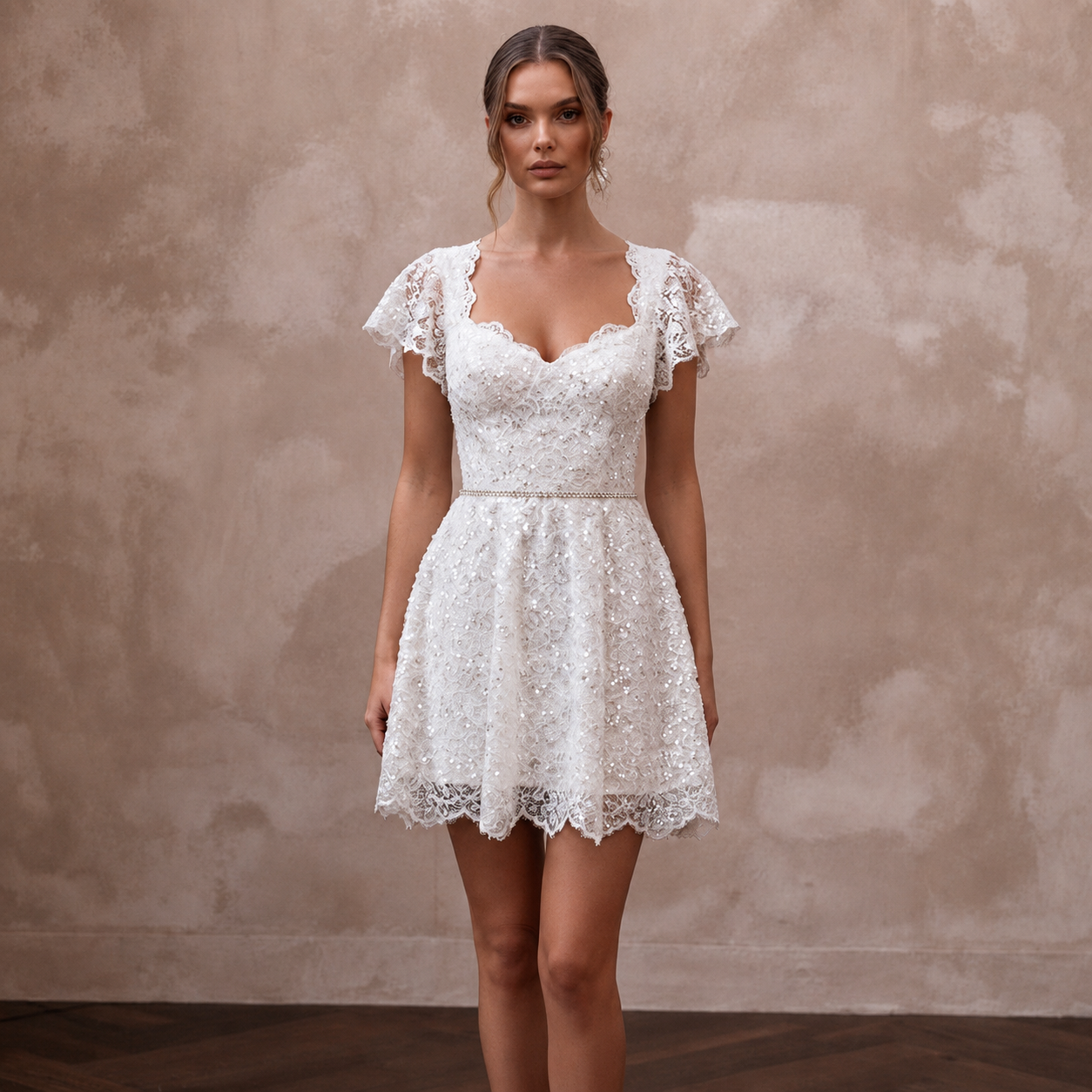 Flirty White Sequined Lace Mini Dress for Reception Exit Main image