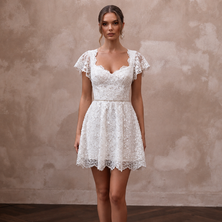 Flirty White Sequined Lace Mini Dress for Reception Exit