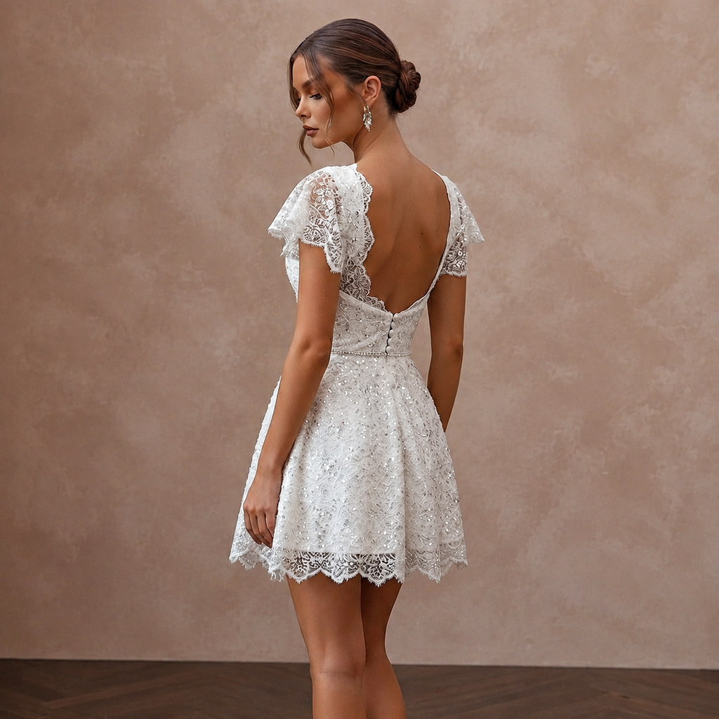 Flirty White Sequined Lace Mini Dress for Reception Exit