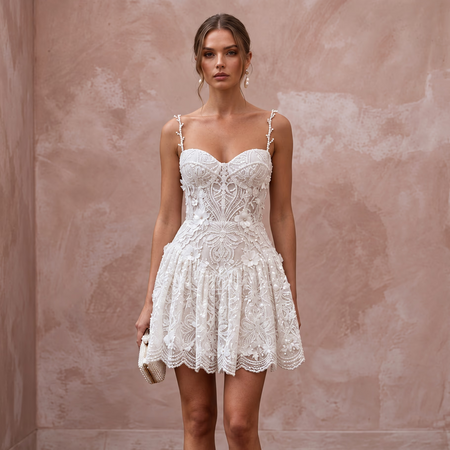 Flirty White Sequined Lace Mini Wedding Dress for Reception Exit